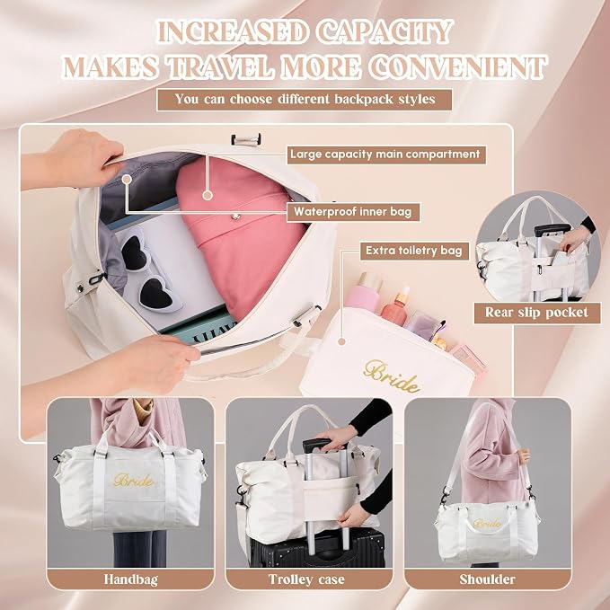 Sanwuta 4 Pcs Bride Groom Duffel Bag Set 2 Honeymoon Travel Bags with 2 Toiletry Pouches Weekender Gym Tote for Couple Wedding Engagement Valentines His Hers Gifts Bridal Shower Gifts - Image 5