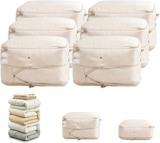 Comforter Storage Bag, Large Capacity Blanket Storage Bags 2-Layer Ultra Space Saving Self Compression Organizer, Heavy Duty Space Saver Organizer for Bedding, Clothes, Blanket, 6-Pack, Beige by Unknown