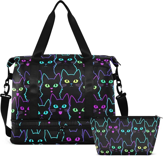 Travel Duffel Tote Colorful Neon Cat Sports Bag With Wet Pocket - Weekender Overnight for Women Men Gym, Carry On, Hospital for Labor and Delivery by MNSRUU