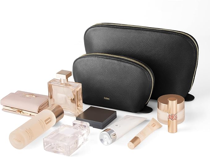 Kattee Leather Makeup Bag, Travel Cosmetic Bag Set, Toiletry Bag Organizer for Women, 1-PACK, Medium, Black - Image 2