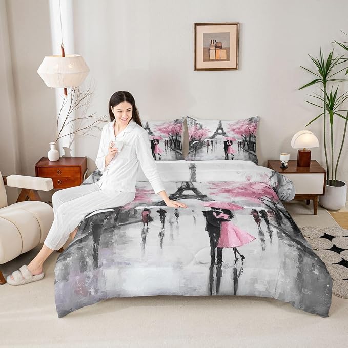 Paris Comforter Set French Eiffel Tower Bedding Sets King For Girls Kids Women Paris Themed Bedroom Decor Watercolor Cherry Blossoms Couple Comforter Retro Valentine Quilt Duvet Pink Grey 3 Pcs - Image 4