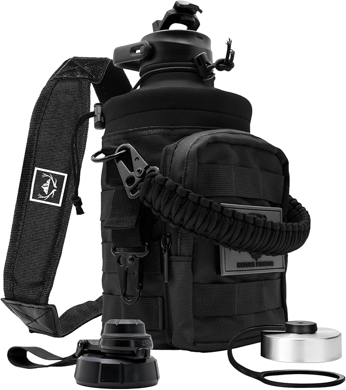 NATURE PIONEOR 64 oz Tactical Water Bottle with MOLLE Bottle Pouch & 3 Lids | 18/8 Food-grade Stainless Steel, Double Vacuum Insulation, 3 Leak-proof Lids, Handle, Strap, Camping, Hiking, Gym, Work by NATUREPIONEOR