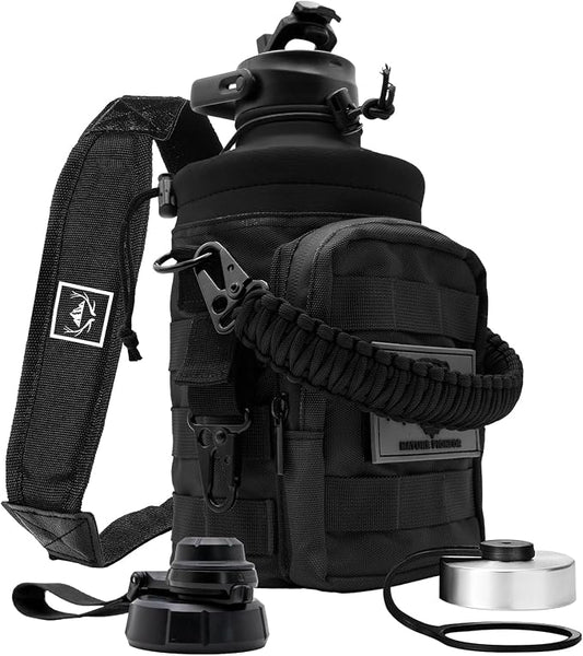 NATURE PIONEOR 64 oz Tactical Water Bottle with MOLLE Bottle Pouch & 3 Lids | 18/8 Food-grade Stainless Steel, Double Vacuum Insulation, 3 Leak-proof Lids, Handle, Strap, Camping, Hiking, Gym, Work by NATUREPIONEOR