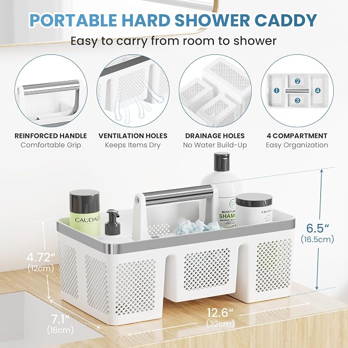 BYUNER 2Pack Plastic Shower Caddy: Portable Shower & Bathroom Caddy Tote with Handle, 4 Divided Compartments, Hard Plastic Shower Basket with All-Side Drainage for College Dorm Room Essentials - Image 8