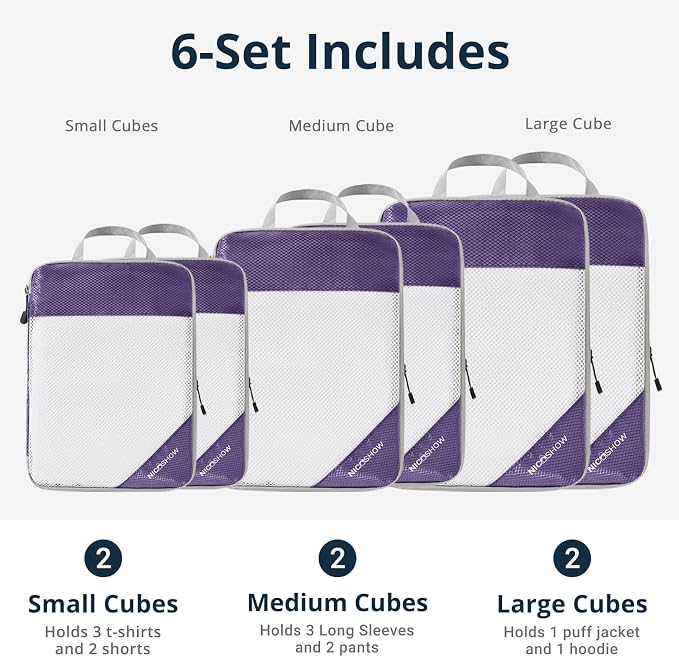 NICOSHOW Compression Packing Cubes 6 Set, Compressible Space-Saving Packing Cubes for Travel - Compression Bags, Luggage Organizer, Travel Essentials for Women, Purple - Image 3