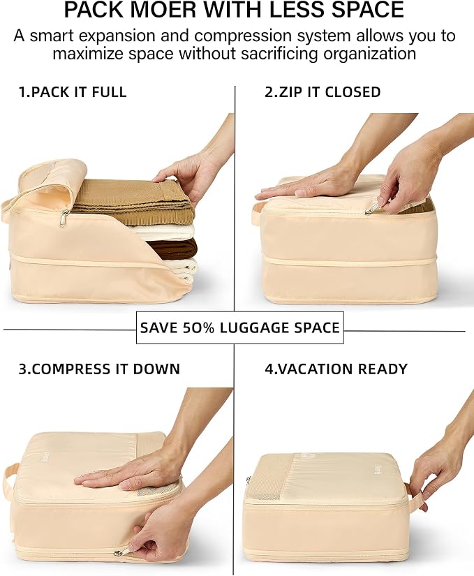 Hanke 7 Piece Expandable Compression Packing Cubes, Premium Travel Packing Organizers for Suitcases/Carry On, Luggage Organizer Bags with Breathable Mesh & Label,Off White - Image 3