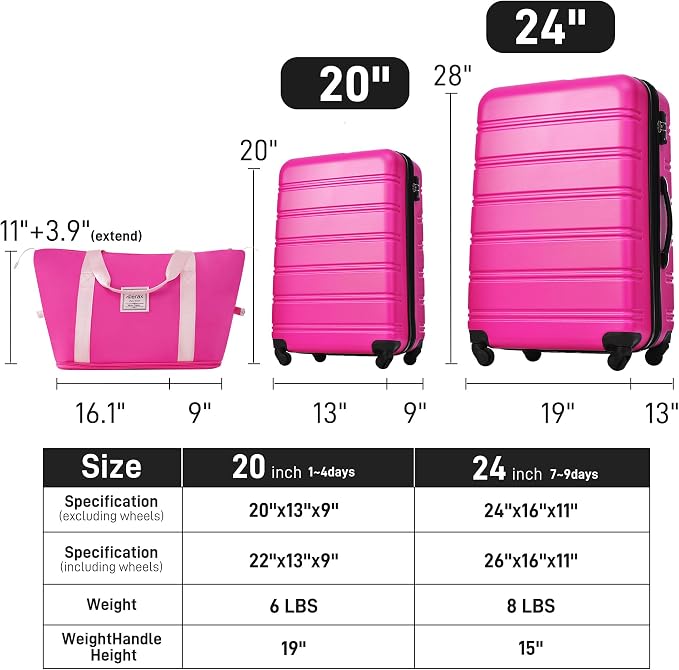 Merax Luggage sets of 3 Piece 20 24 IN Carry on Luggage Hard Case Pink Luggage Expandable Checked Luggage Suitcase Set with Wheels - Image 6