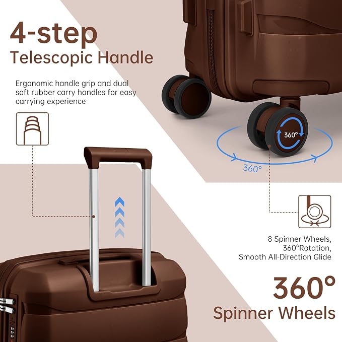 Carry On Luggage 22x14x9 Airline Approved, 22 Inch PP Hardshell Luggage Carry-on Suitcase with Spinner Wheels, Carry On Suitcase Set for Women(Mocha - Image 3