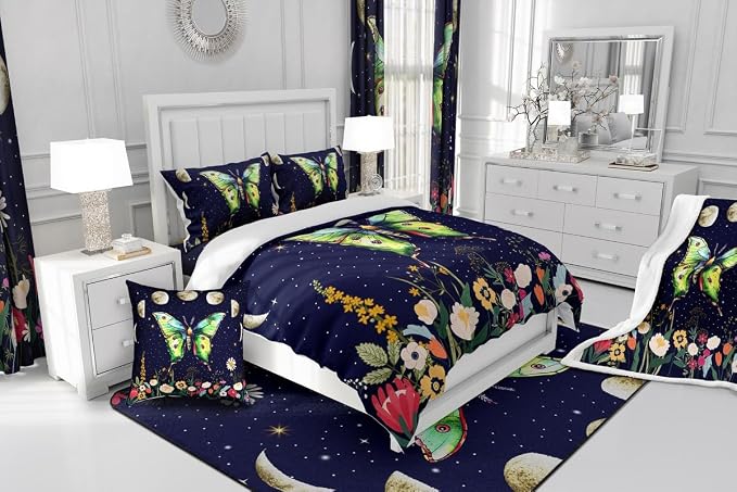 Erosebridal Moth Bedding Set Twin, Moon and Stars Galaxy Duvet Cover for Kids Boys Girls, Boho Floral Wildflower Bed Set, Rustic Country Flower Quilt Cover Bedroom Decor, 1 Pillowcase No Comforter - Image 7