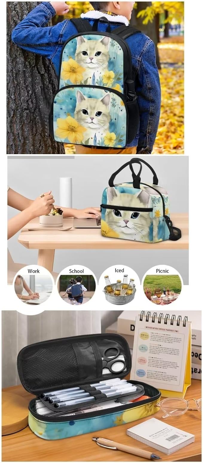 Floral Cat Print Backpack Set for Girls Kids Lightweight Cute School Backpack with Lunch Box Pencil Case Adjustable Strap Padded Book Bag Insulated Lunch Bag - Image 5
