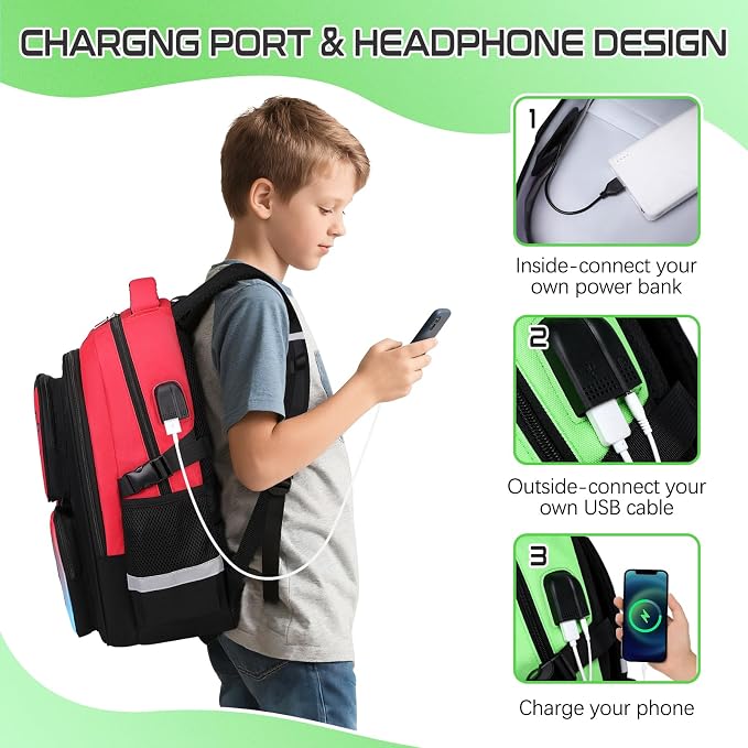 Gamer Backpack for Boys , 3PCS Boys Backpack with Lunch Box & Pencil Pouch, Waterproof School Bags for Boy Kids Children Teens, Elementary Middle School, Kids Book Bag Casual Daypack (Neon Green) - Image 6