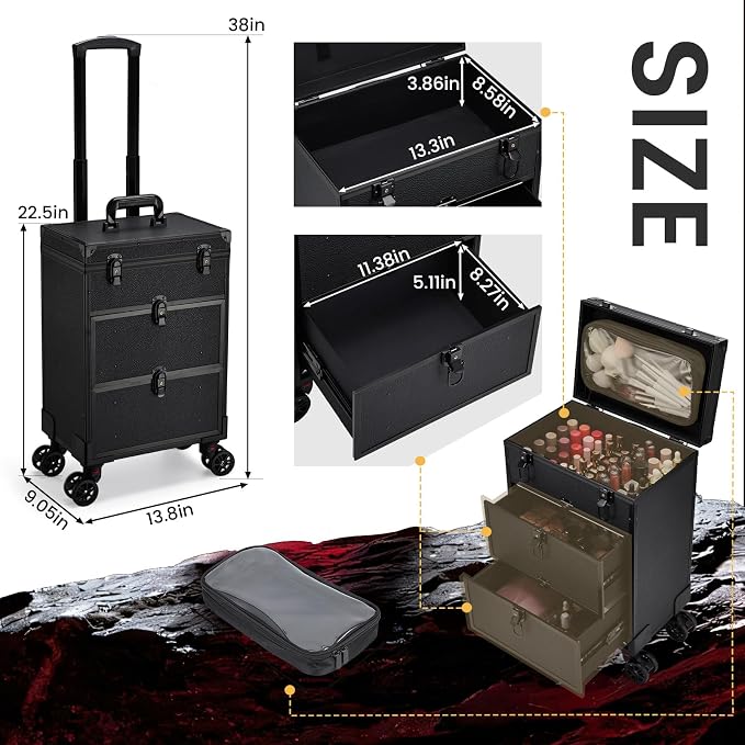 Professional 3 in 1 Rolling Makeup Case Cosmetology Case on Wheels 2 Large Drawer Nail Case Trolley Traveling Cosmetic Train Case with Makeup Pouch for Artists Nail Technician Salon Cart Trunk Black - Image 5