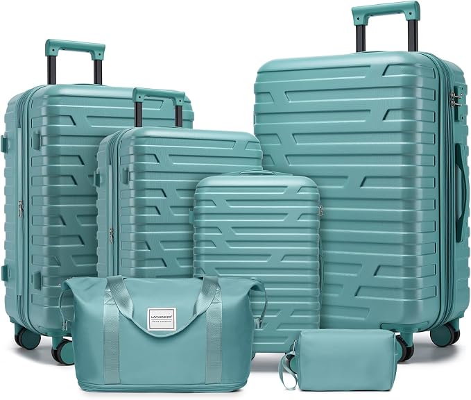 Misty Blue 6 Piece Luggage Set Hard Shell - Expandable Suitcases with Spinner Wheels and Duffel Bags for Family Travel, Durable Carry On Luggage Sets with Lock for Women and Men by Unknown
