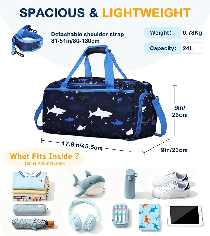 Kids Duffle Bag,VASCHY Travel Bag for Toddler Boys Overnight Sleeping Bag Duffel Ballet Dance Sport Carry On Weekender Bag with Shoes Compartment Dry Wet Pocket Sharks - Image 2