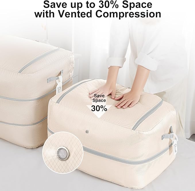 Comforter Storage Bag - 110L Large Capacity Blanket Storage Bags 2-Layer Ultra Space Saving Self Compression Organizer, Washable Compression Bags for Storage Comforter Blanket, 4-Pack, Beige - Image 3