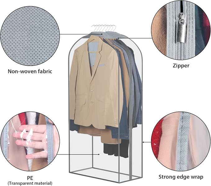 Zilink Breathable Garment Bags for Fur Coat 43” Suit Bags for Closet Storage Clear Leather Jacket Covers for Hanging Clothes with 10" Gussted Wrinkle Free for Leather Jacket, Fur Coat, Dress, Set of 4 - Image 5