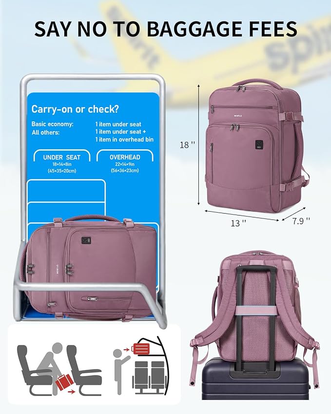 ECOHUB Travel Backpack for Women, 18x14x8 Frontier Airlines Personal Item Bag with Clear Toiletry Bag, Laptop Carry on Backpack with USB Port, Airline Approved Under Seat 14 Pockets 30L, Pink - Image 2