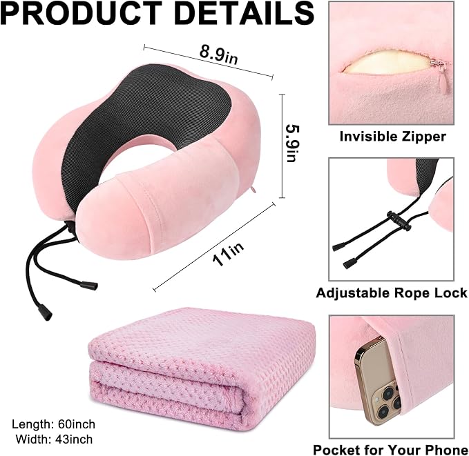 urnexttour Travel Pillow and Blanket Set Neck Pillows Soft Blankets with Sleep Mask Travel Essentials for Airplane Car Memory Foam Pink - Image 5