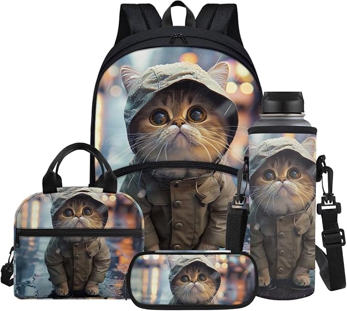 Cute Cat Backpack for Girls School Bag Casual Large Capacity Bookbag with Thermal Lunch Box & Water Bottle Cover & Zipper Pencil Case for Camping Hiking Travel by Glomenade