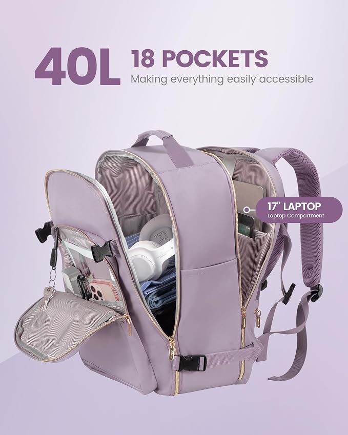 LOVEVOOK 40L Travel Backpack Flight Approved Carry on Backpack,3 Packing Cubes,Waterproof Personal Item Travel Bag,TSA Carry on Luggage Suitcase Travel Essentials,Gifts for Women & Men,fits 17" Laptop - Image 3