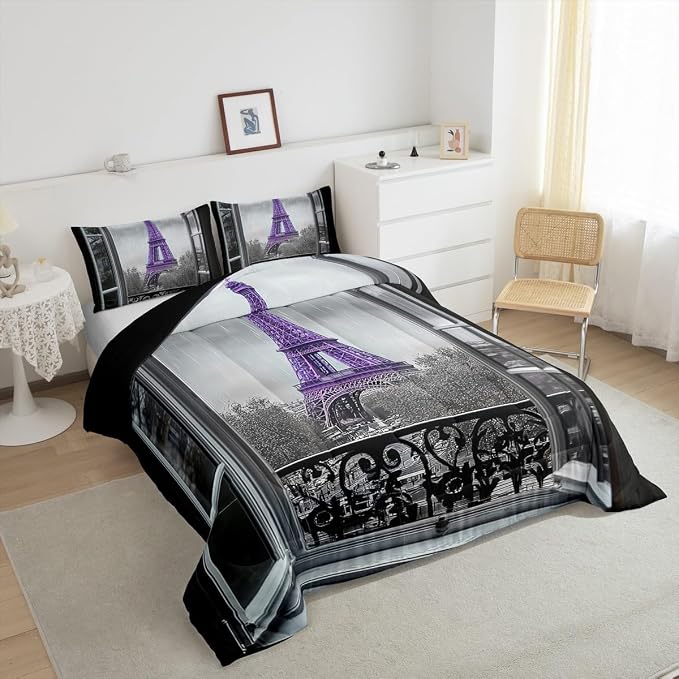 Erosebridal Purple Eiffel Tower Comforter Set King,Vintage France Paris Bedding Set for Girls Teens Women Retro City Building Down Comforter Romantic Rainy Day Quilt Set 2 Pillow Cases Bedroom Decor - Image 5
