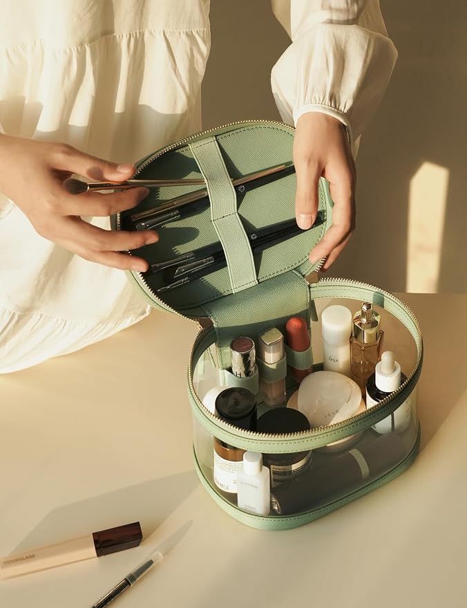 Popvibe Travel Makeup Case Clear Vanity Bag with Brush Holder, Compact Leather Train Case Sage Green Make Up Bag Storage Organizer Luxury Cosmetic Case Travel Essentials Cute Portable with Handle - Image 6