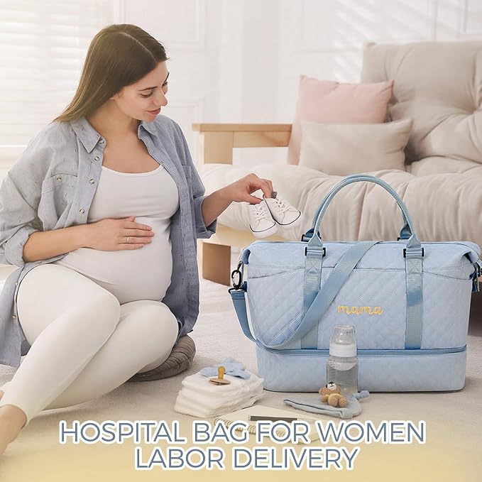 Dansydaisy Mama Hospital Bag for Women Labor Delivery Travel Duffle Bag with Shoe Compartment and Toiletry Pouch Waterproof Letter Embroidered for Pregnancy Weekender Overnight Gym Gift, Blue - Image 6