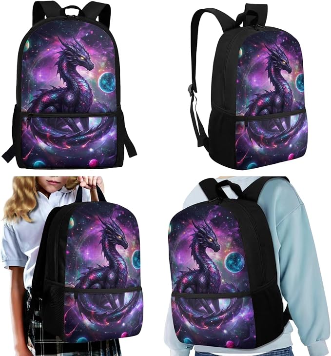 Space Dragon Backpack Boys and Lunch Box Pencil Case 4 Piece Galaxy School Bag for Elementary Middle Back to School Supplies 17'' Large Capacity Lightweight Bookbag - Image 2