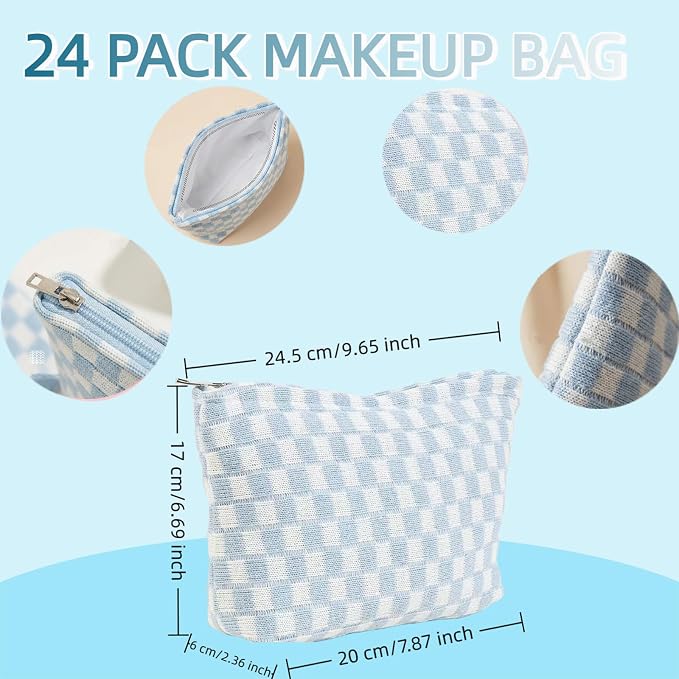 24 PACK Checkered Makeup Bag-Bulk Bridesmaid Proposal Gifts Makeup Pouch for Wedding Party Favors Bachelorette Party Decorations Toiletry Travel Organizer For Women Cosmetic Case Mon Gift(24, Blue) - Image 2