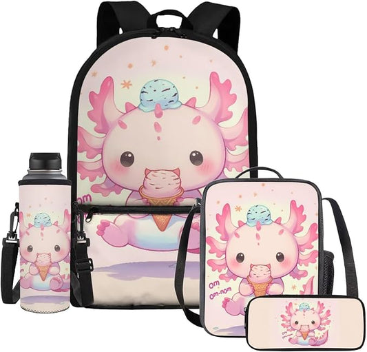 Axolotl Backpack for Girls 8-10 with Lunch Box Ice Cream Backpacks and Lunchboxes + Insulated Water Bottle Pouch Holder + Pencil Case Kawaii Bookbag Lunch Bag by Dremagia
