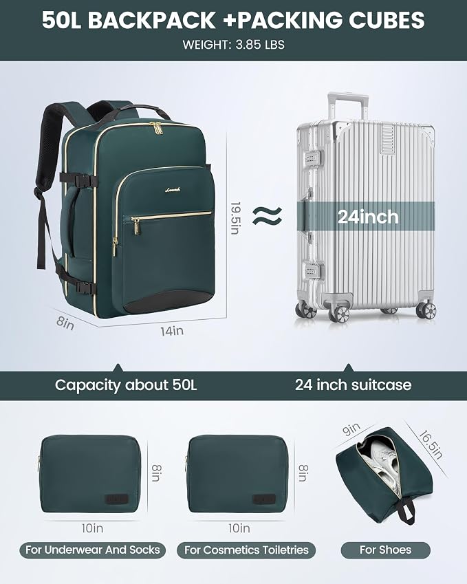 LOVEVOOK 50L Travel Backpack Flight Approved Carry on Backpack,3 Packing Cubes,Waterproof Personal Item Travel Bag,TSA Carry on Luggage Suitcase Travel Essentials,Gifts for Women & Men,fits 18" Laptop - Image 5