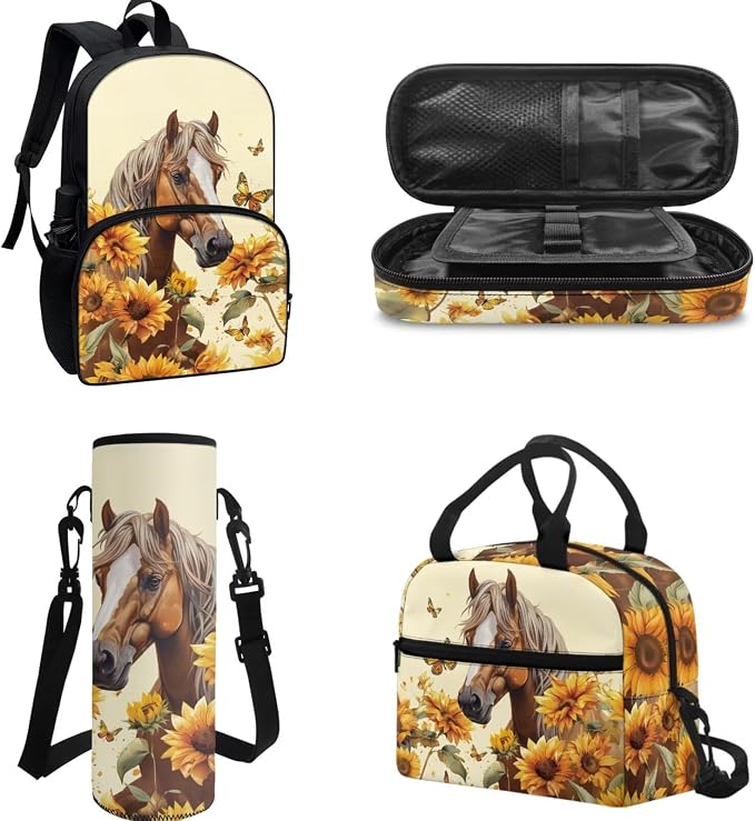 Sunflower Horse Backpack Kids Backpack 4 Pcs with Lunch Box Pencil Bag Bottle Carrier Bag Sling Bags for Boy Girl Middle School Primary Student Bookbag Casual Daypack - Image 2
