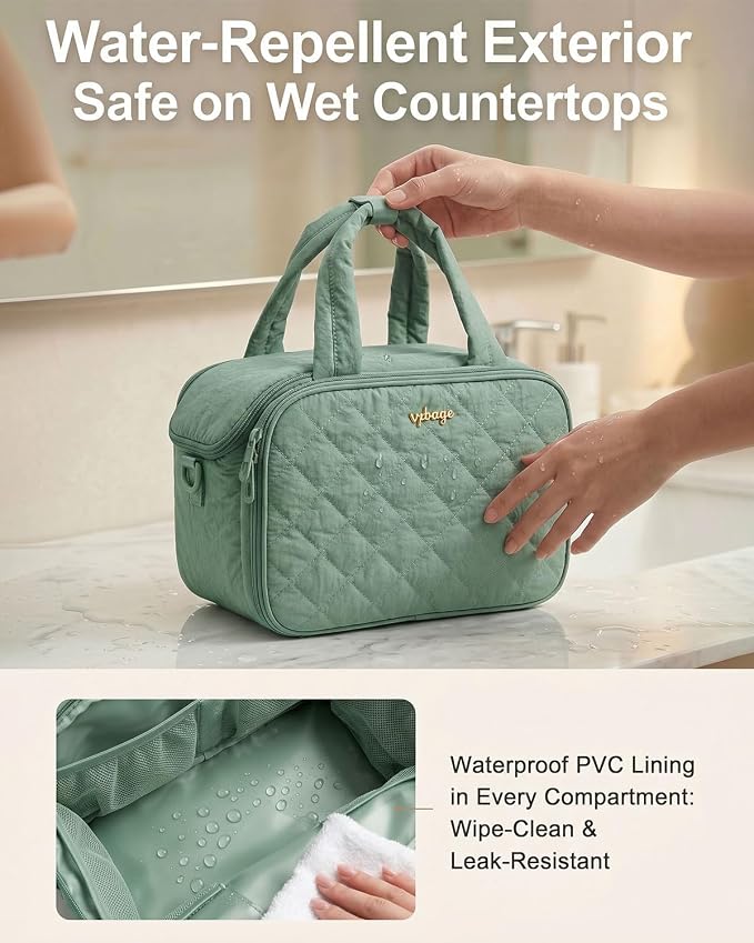 VPBAGE Large Quilted Toiletry Bag for Women, Puffy Travel Makeup Organizer with Removable Divider & Shoulder Strap, Waterproof Standing Cosmetic Case for Full-Size Toiletries, Gym, Vacation - Image 4