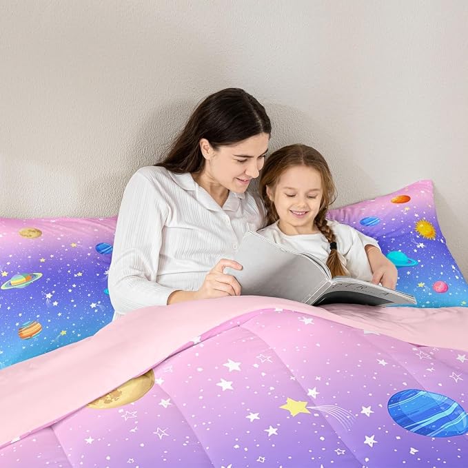 Erosebridal Cute Galaxy Comforter Set King for Boys Girls Kids Stars Planet Space Bedding Set Kawaii Rainbow Pastel Bedding Comforter Sets Pink Blue Purple Ombre Cartoon Quilt Duvet 2 Pillow Cases - Image 5