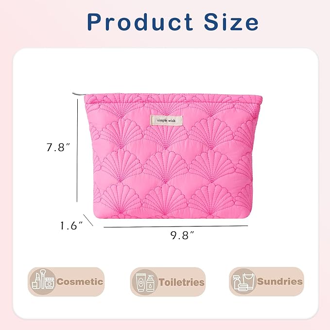 RSRSLEII Quilted Cotton Coquette Makeup bag, Coastal Granddaughter Aesthetic Cosmetic Bag, Cute Seashell Portable Travel Toiletry Pouch (10 Hot Pink) - Image 2