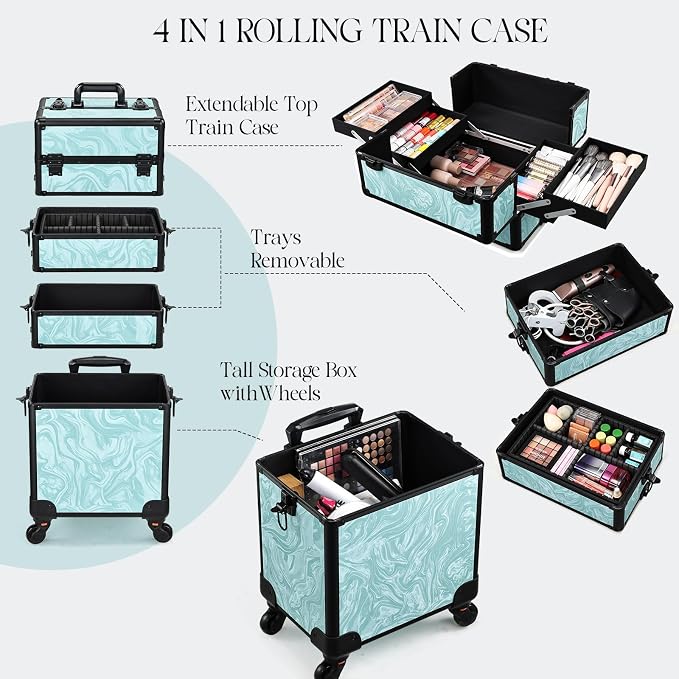 Yueieoun Rolling Makeup Case, 4 in 1 Makeup Case on Wheels, Professional Makeup Trolley, Cosmetic Train Case Makeup Cart Travel Trolley with Key for MUA, Hairstylists, Nail Tech, Turquoise Vitality - Image 6