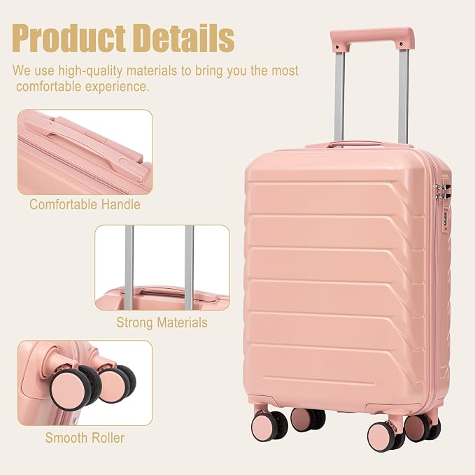 GDFStudio 20" ABS Hardshell Checked Luggage, Medium Capacity Travel Suitcase with Scratch Resistant Surface, 360° Silent Spinner Wheels, Combination Lock, Telescopic Handle and Side Hooks, Pink - Image 4
