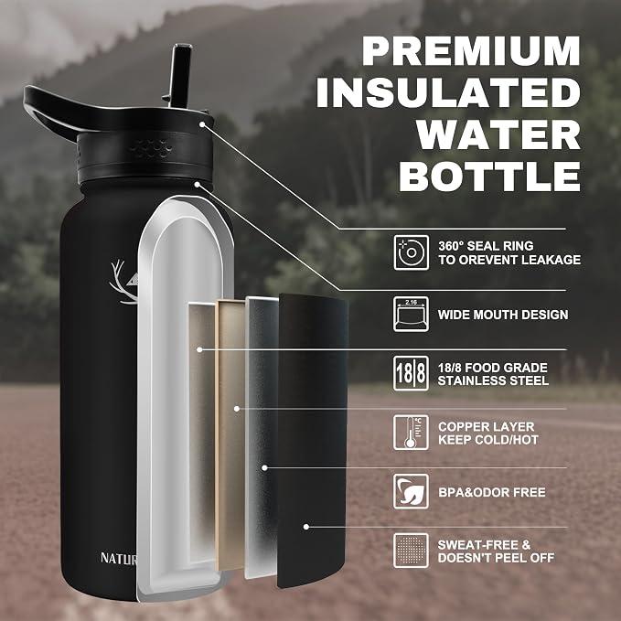 NATURE PIONEOR 32 oz Insulated Water Bottle with Carrier Bag & 3 Lids | 18/8 Food-grade Stainless Steel, Double Vacuum Insulation, 3 Leak-proof Lids, Strap, Camping, Hiking, Gym, Work - Image 2
