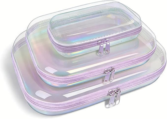 Clear Hard Shell Zipper Case,3PCS Transparent Clear Laser Zipper Pouches,Hard Side Plastic Case Set,Portable Travel Storage Organizer Bins by honitty