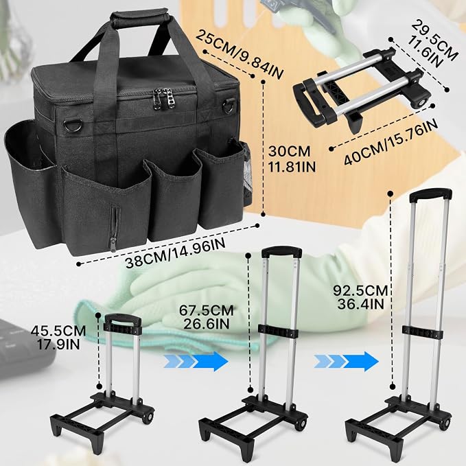 LIWSHWZ Large Rolling Cleaning Caddy Bag with Detachable Trolley & Lid,Cleaning Supplies Organizer on Wheels with Multi Pockets for Cleaning Tools Storage,Housekeepers, Black - Image 3