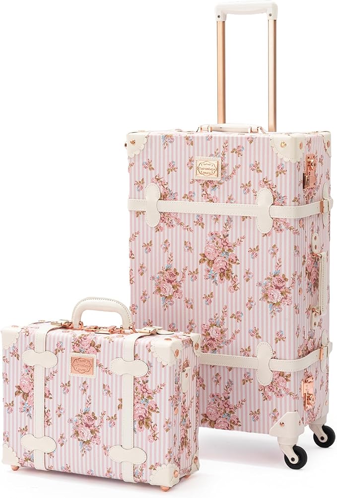 COTRUNKAGE Vintage Luggage Set for Women with Briefcase, Pink Floral, 2 Piece(16/26in), TSA-Approved by COTRUNKAGE