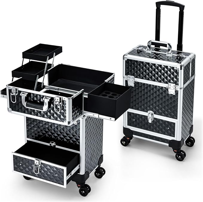 Hododou Rolling Makeup Case Cosmetic Travel Trolley Storage Sliding Drawer 4 Tray Makeup Travel Case with Wheels Salon Barber Case Traveling Cart Trunk for Cosmetologist Nail Tech Hairstylist Black by Hododou