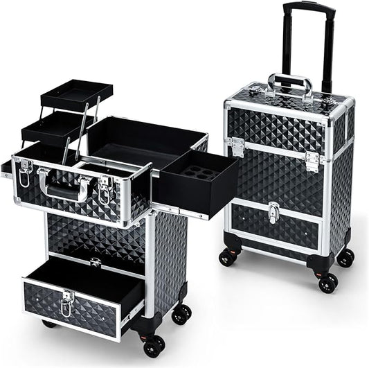 Hododou Rolling Makeup Case Cosmetic Travel Trolley Storage Sliding Drawer 4 Tray Makeup Travel Case with Wheels Salon Barber Case Traveling Cart Trunk for Cosmetologist Nail Tech Hairstylist Black by Hododou