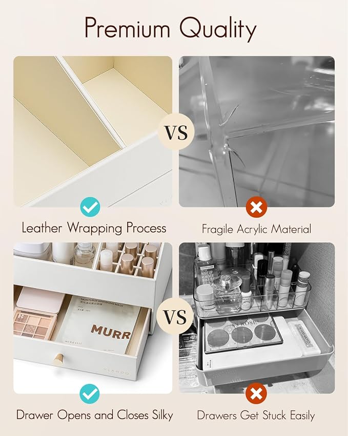 VLANDO Makeup Organizer,Vanity Organizer with Drawers, PU Leather Skincare Organizer Perfume Organizer,Large Cosmetic Display Case for Lipstick,Brushes Gifts for Women-White - Image 6
