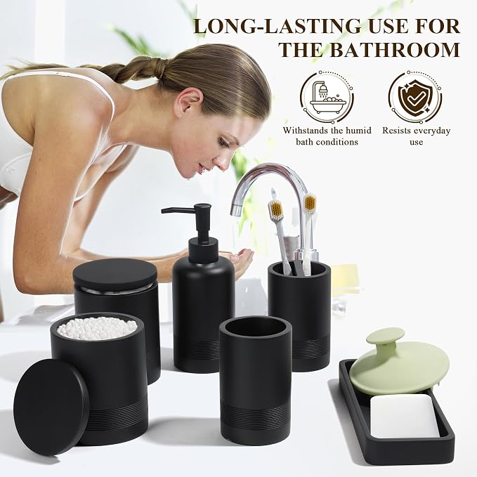 Bathroom Accessories Set, 6-Piece Bathroom Accessory Set, Toothbrush Holders Set, Soap Dispenser, Vanity Tray, Tumbler, Cotton Swab Jars, Bathroom Organizer for Modern Bathrooms(Matte Black) - Image 4