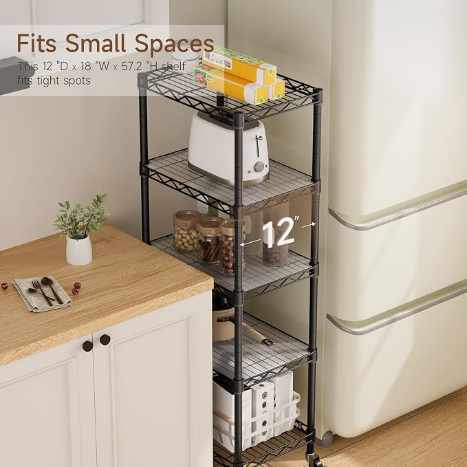Golpart Small 5 Tier Shelves Storage Wire Shelving Unit Metal Shelf Adjustable Organizers Storage Shelving with Wheels for Bathroom Laundry Room Kitchen Pantry11.7”D x 17.7”W x 57.2”H Black - Image 5