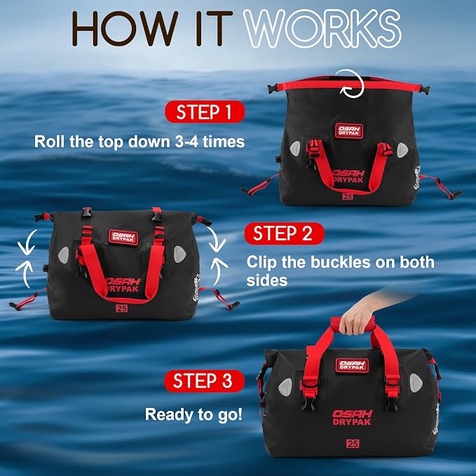 OSAH DRYPAK Waterproof Duffel Bag - Motorcycle Dry Bag Tail Bag with Large Storage Space, Waterproof Luggage Duffle Bags with Outer Mesh Zipper Pocket for Camping, Kayaking, Fishing & Traveling - Image 5