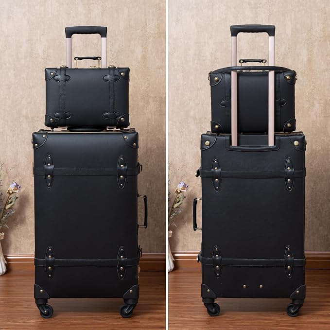 urecity Designer Vintage Trunk Combination Luggage Sets of 2 Piece, Hard Shell Retro Travel Suitcase with Wheels (Black, 20"+12") - Image 9
