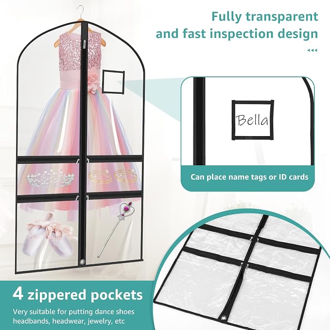 2 Pack Clear Garment Bags for Dance Costumes,40 Inch Transparent Dance Costume Bag with 4 Zipper Pockets & ID Window,Waterproof Hanging Garment Bag for Competition,Recital,Travel ﻿ - Image 6
