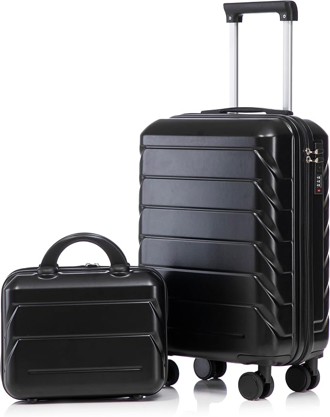 GDFStudio 14/20 Inch 2 Piece Luggage Set with Cosmetic Bag,ABS Hard Shell Spinner Suitcase with Combination Lock,360° Silent Wheels,Retractable Handle, Carry On Travel Luggage with Vanity Case,Black by GDFStudio